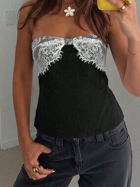 Black Casual Women's Plants Bow Strapless Slim Fit Regular Hem Bandeau Top